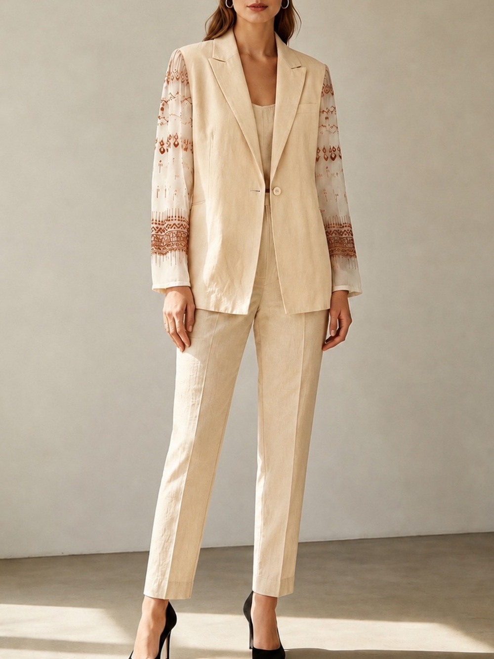 Vintage Beige Embroidered-Sleeve Linen Blend Pantsuit Women 6